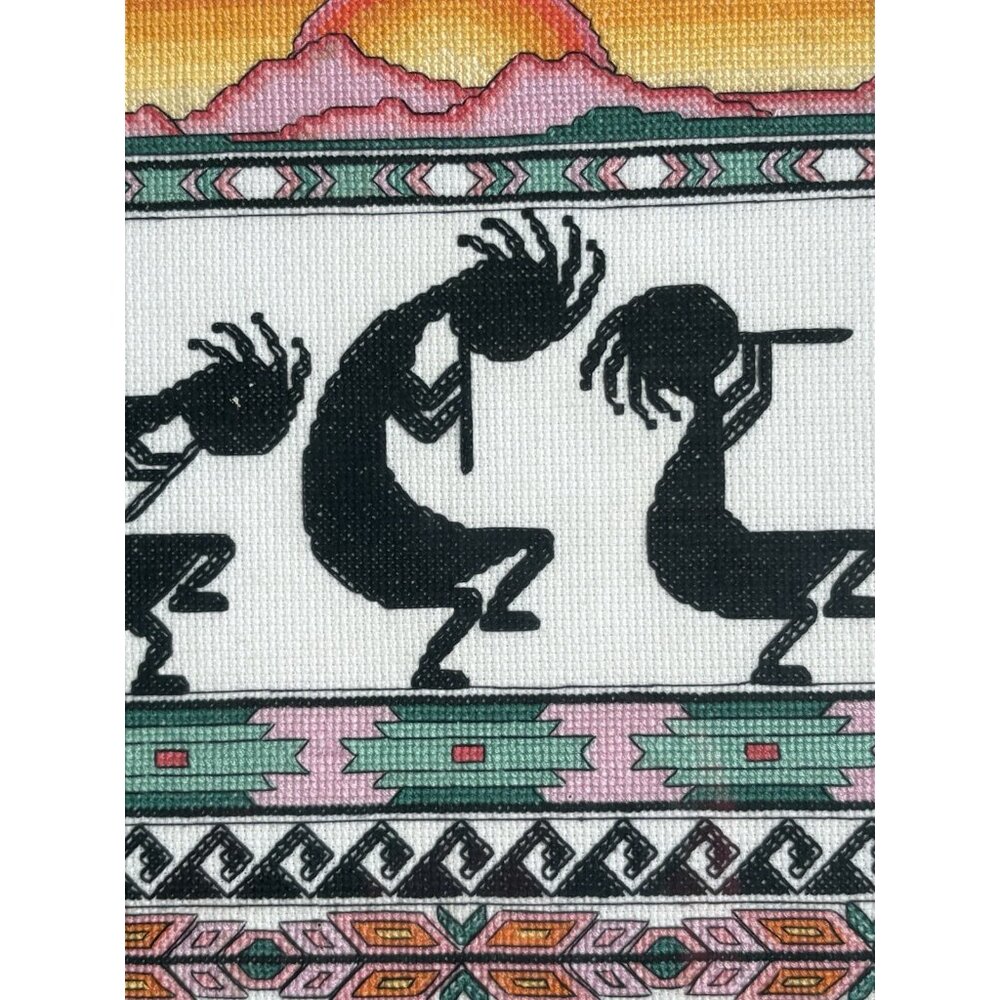 KOKOPELLI BORDER SAMPLER Counted Cross Stitch Completed Framed Sunset 19”x 14” - Picture 2 of 7